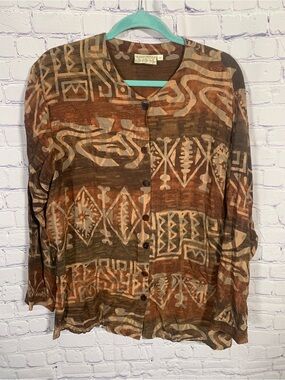 Wind River Trading Company Womens Linen Blend Aztec Long Sleeve M Boho Festival